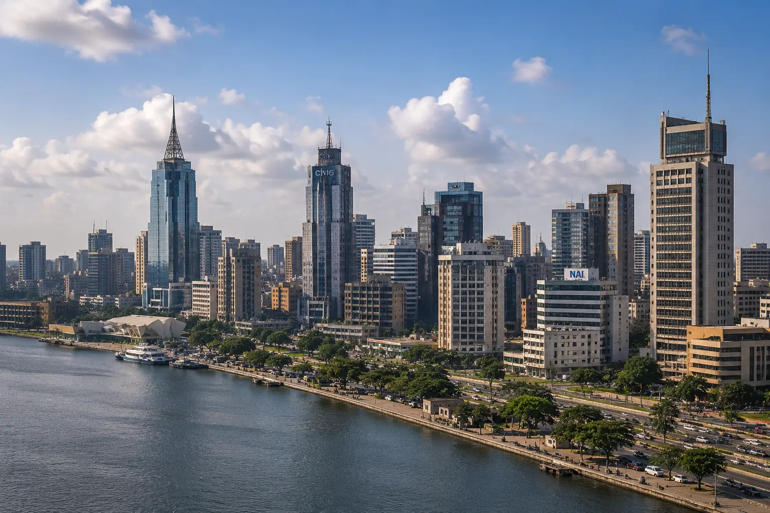 The Lagos skyline seen across the lagoon, high-rise towers lining the waterfront.