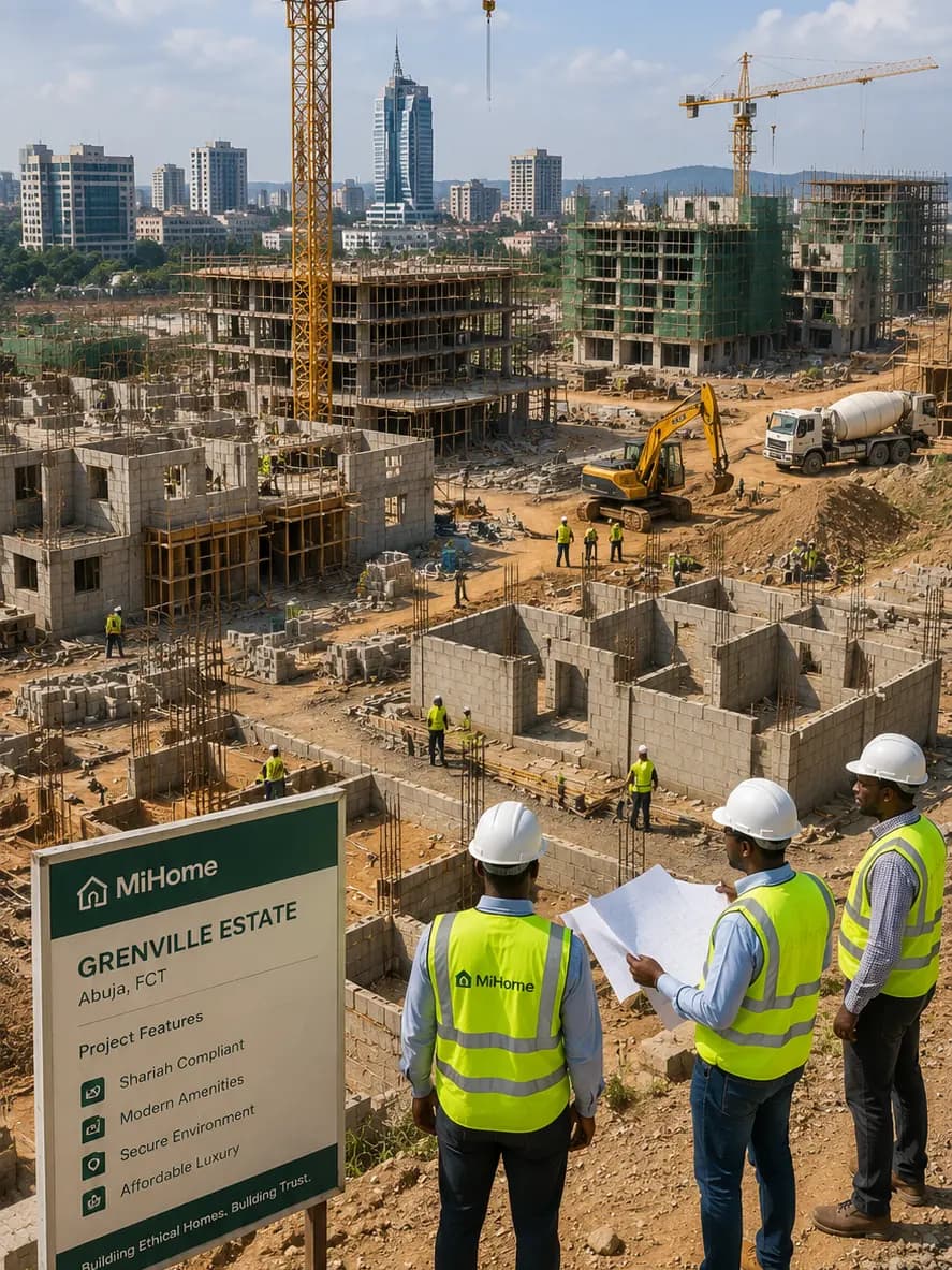Engineers in high-visibility vests reviewing plans on a Nigerian residential construction site, with cranes and block work behind them.