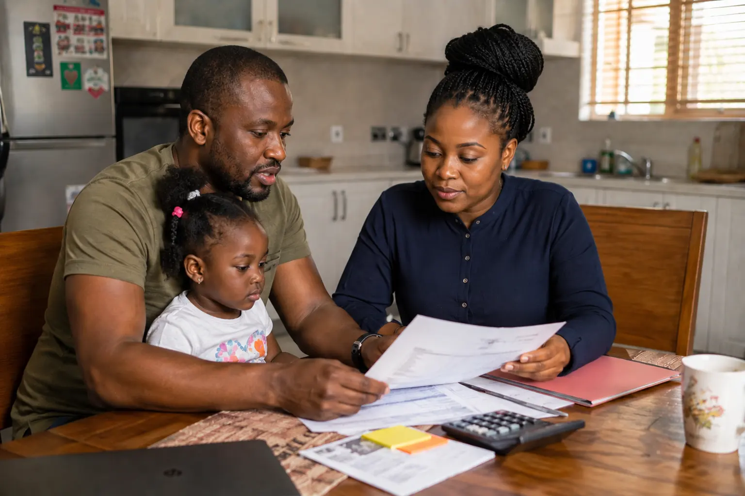 Parents and their young daughter going through paperwork together at a kitchen table.